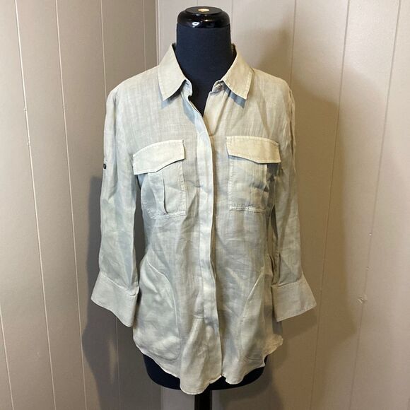 Theory Women’s Small Linen Blend Button Up Shirt Barley Roll Tab Sleeves Dervan - Picture 1 of 7